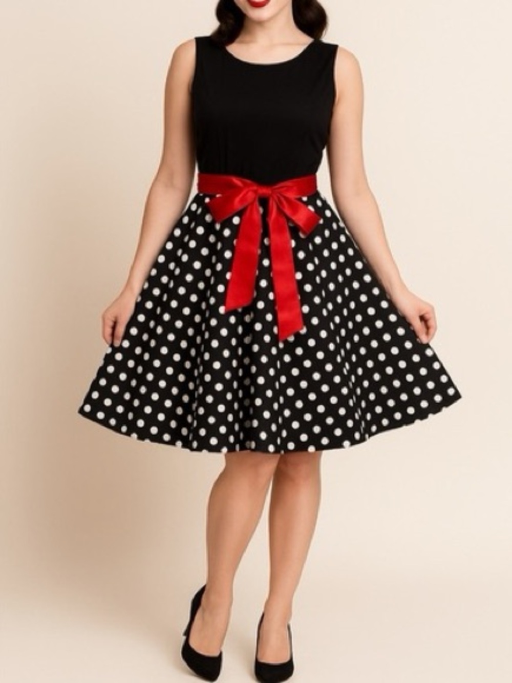 R&K Black & White Polka Dot Midi Dress with Red Waistband